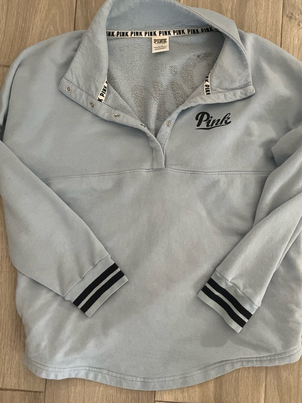 Victoria's Secret PINK Light Blue Fleece Pullover with Black Logo Trim